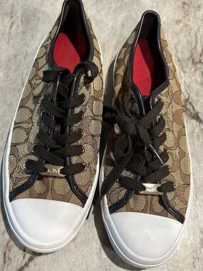 Coach Low-Top Signature Canvas Sneakers in Khaki/Brown with Red Insole